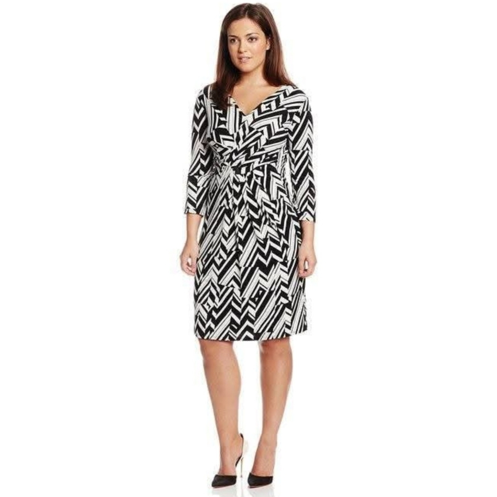 Anne Klein Black White Geometric Print Faux Wrap Midi Dress NWOT Size 8
